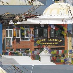 A high-resolution composite photograph shows a monk atop a temple in Nepal, the temple at a distance, and a restaurant behind the temple.