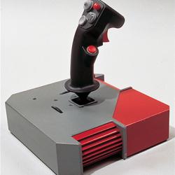 Gray and red joystick with base