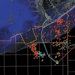 the most probable track of the vessels as blue and red lines with the collision location as a green-circled plus sign. 