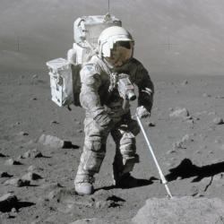 Apollo astronaut collects samples on the Moon