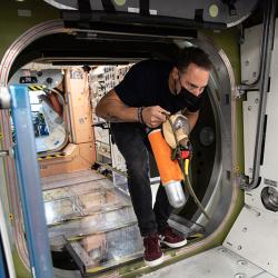 Mark Pathy, one of Axiom Space’s private astronauts, training in a replica of the International Space Station at Johnson Space Center’s Vehicle Mockup Facility