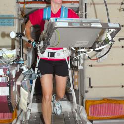 NASA astronaut Nicole Stott works out on a treadmill on the International Space Station