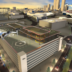 Rendering of urban air taxi rooftop landing zone, with several air taxis in flight