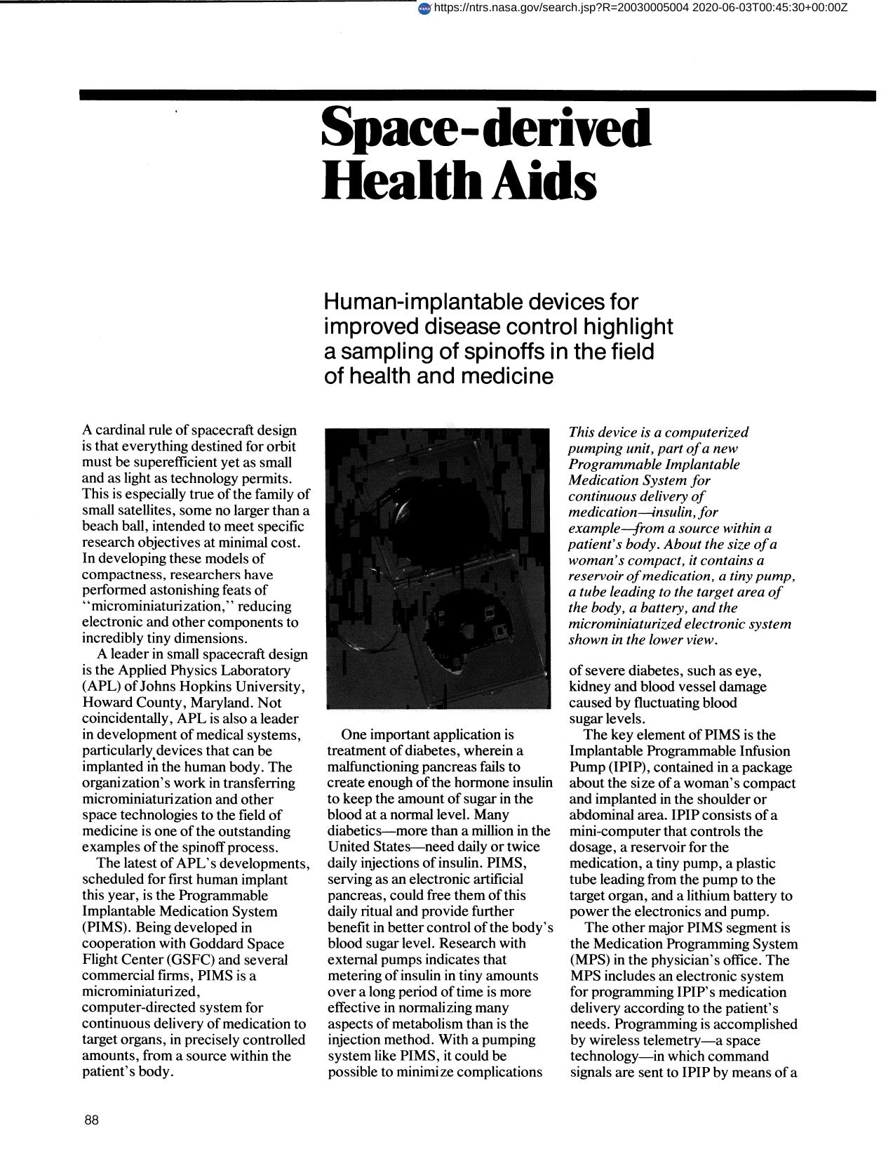 Space Derived Health Aids (Cardiac Pacemaker)